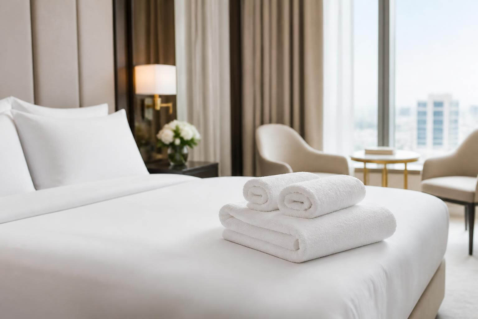 Luksuzna hotelska soba s uredno presavijenim bijelim ručnicima na svježe namještenom krevetu